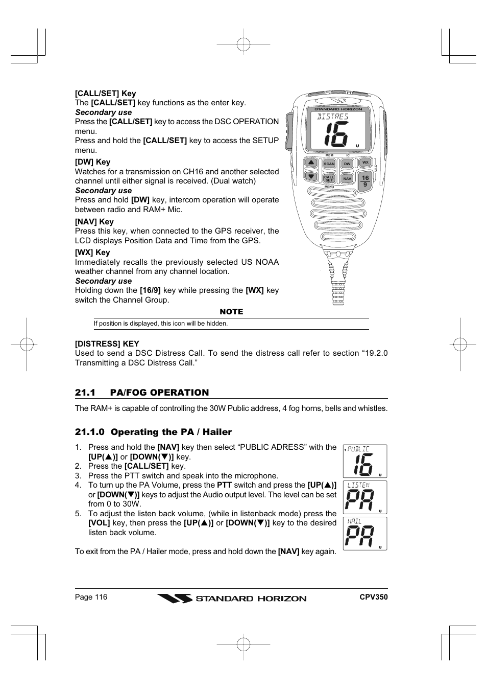 1 pa/fog operation, 0 operating the pa / hailer | Standard Horizon CPV350 User Manual | Page 116 / 144