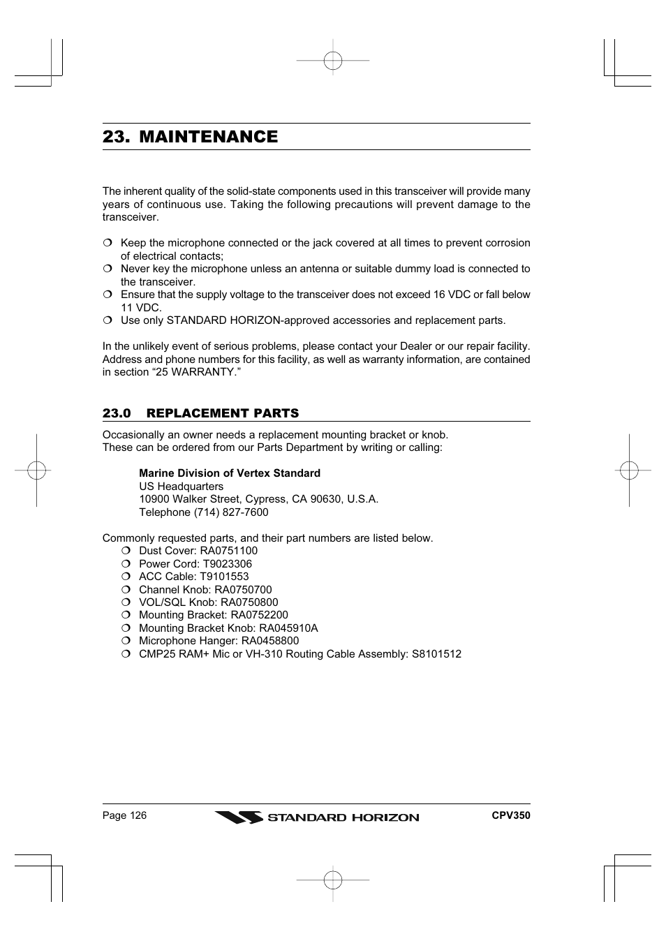 Maintenance | Standard Horizon CPV350 User Manual | Page 126 / 144