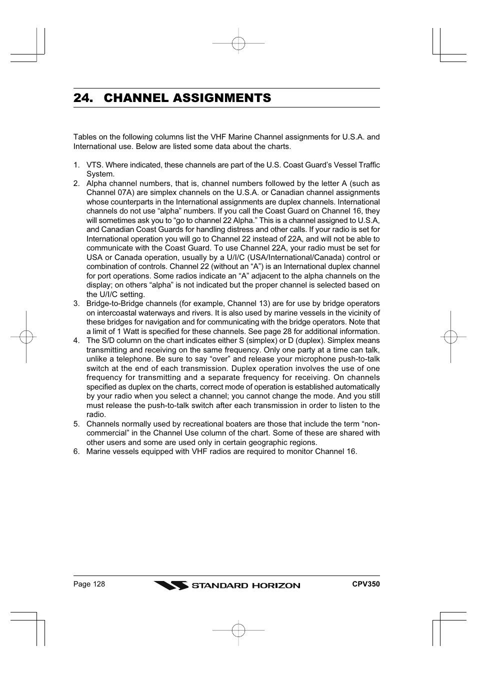 Channel assignments | Standard Horizon CPV350 User Manual | Page 128 / 144