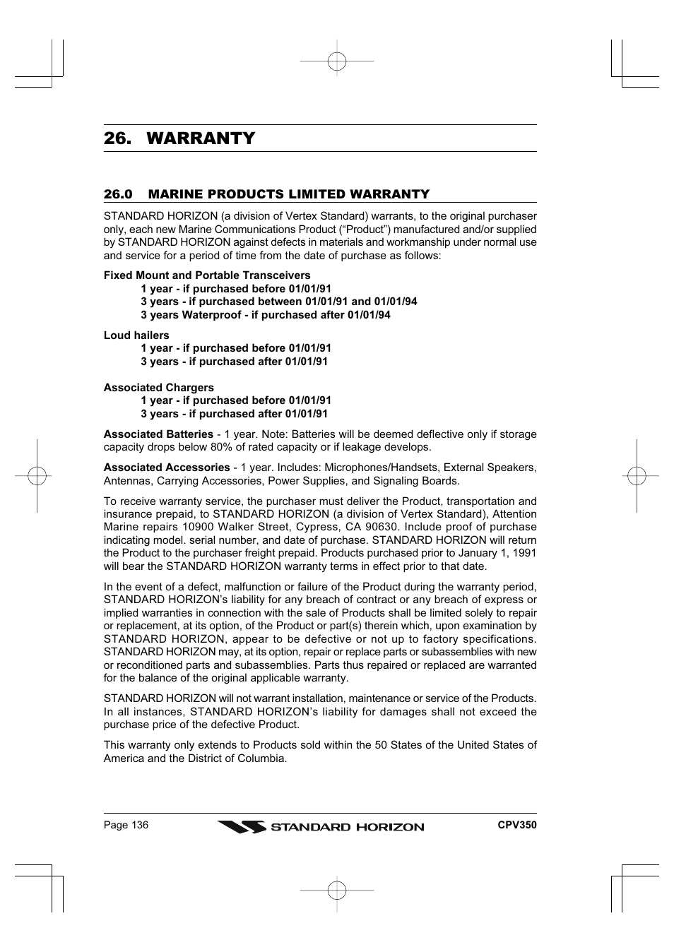 Warranty | Standard Horizon CPV350 User Manual | Page 136 / 144