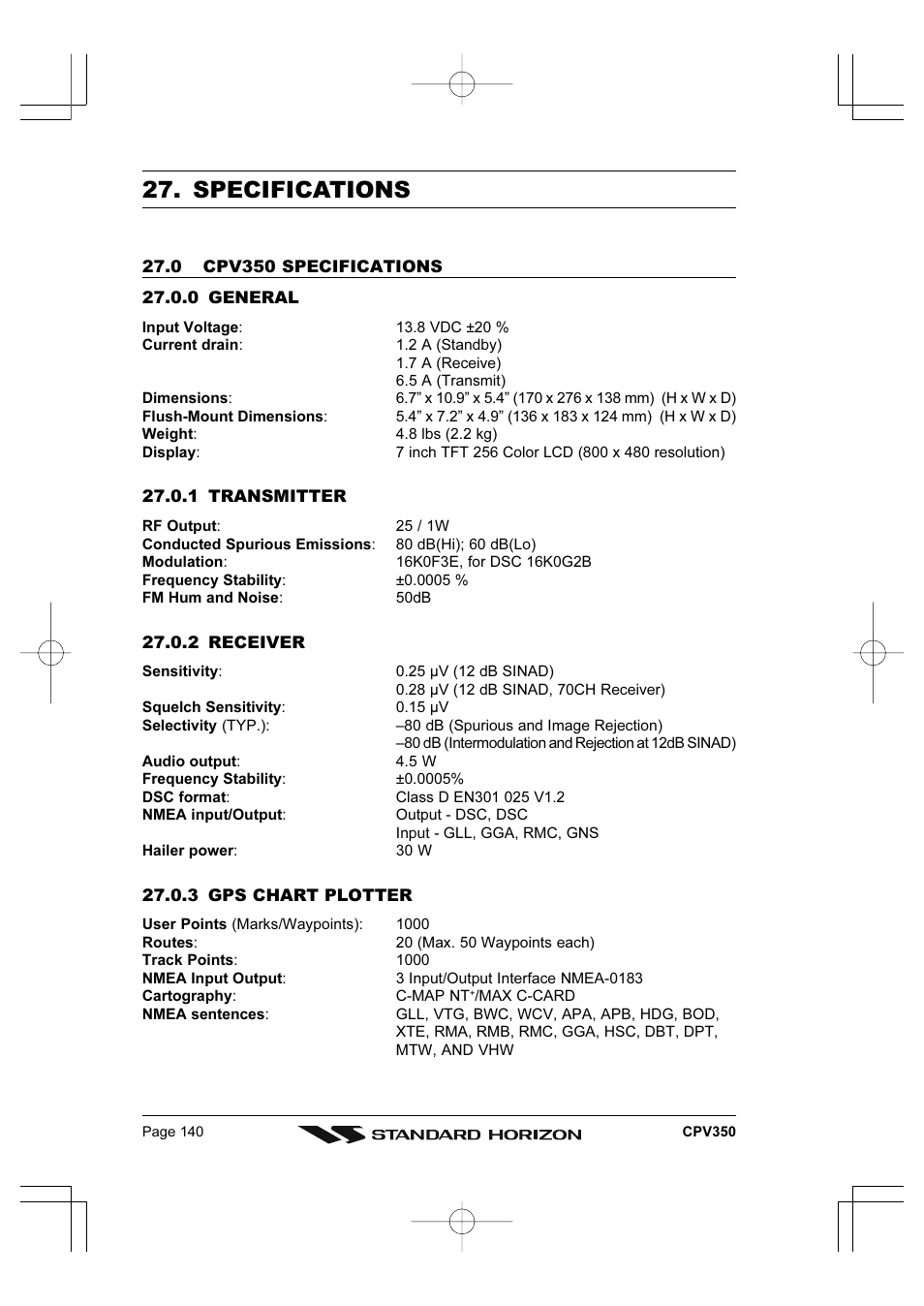 Specifications | Standard Horizon CPV350 User Manual | Page 140 / 144