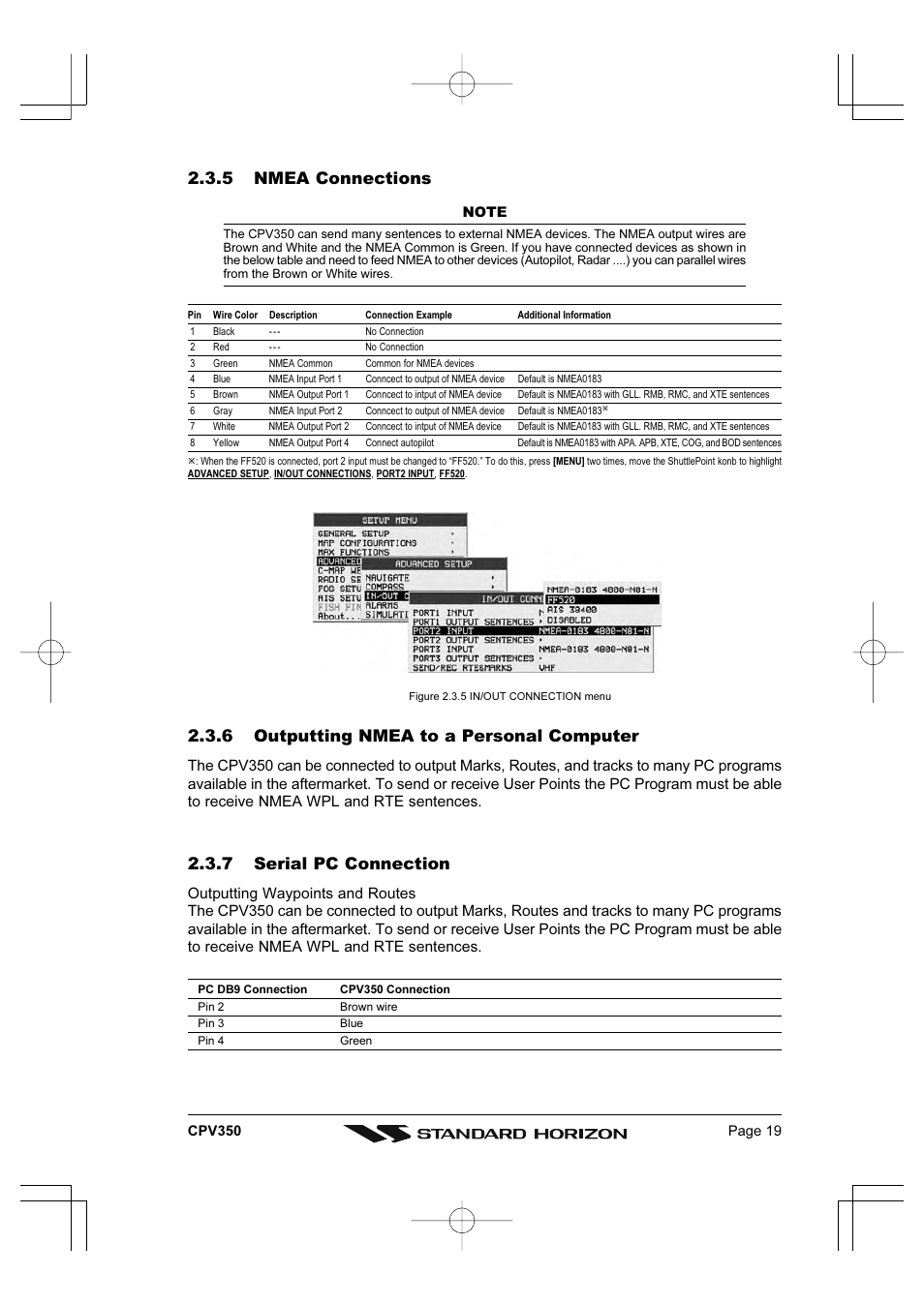 5 nmea connections, 6 outputting nmea to a personal computer, 7 serial pc connection | Standard Horizon CPV350 User Manual | Page 19 / 144