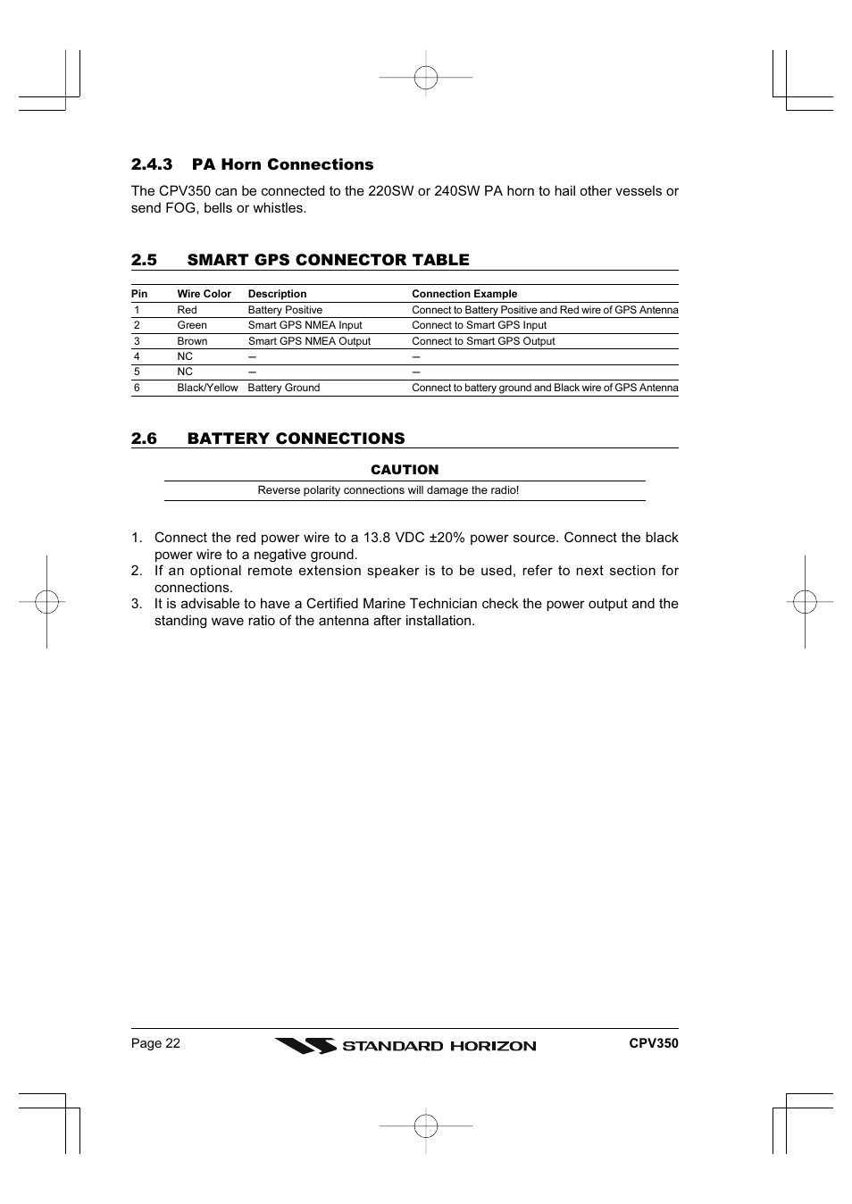 3 pa horn connections, 5 smart gps connector table, 6 battery connections | Standard Horizon CPV350 User Manual | Page 22 / 144