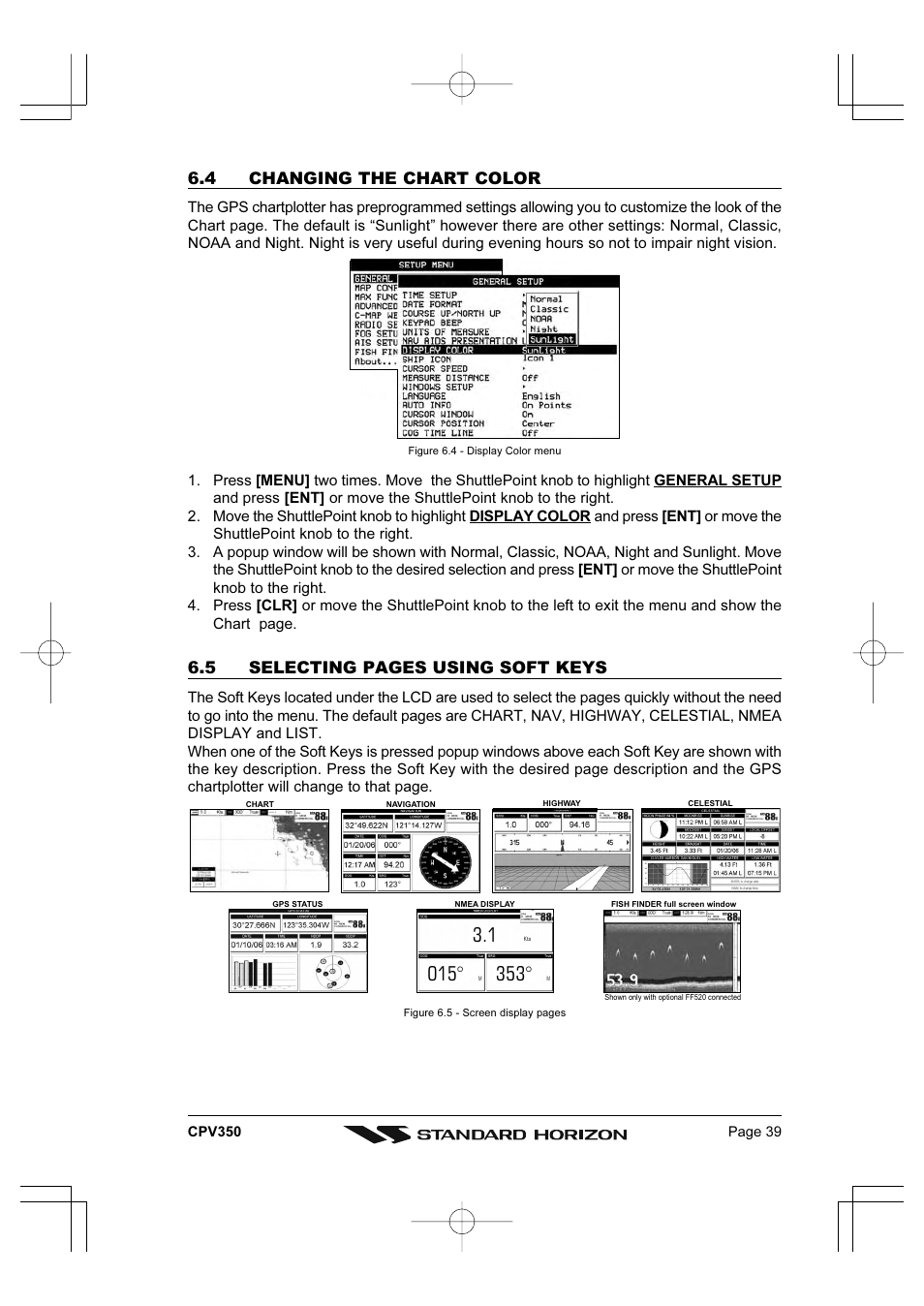 4 changing the chart color, 5 selecting pages using soft keys | Standard Horizon CPV350 User Manual | Page 39 / 144