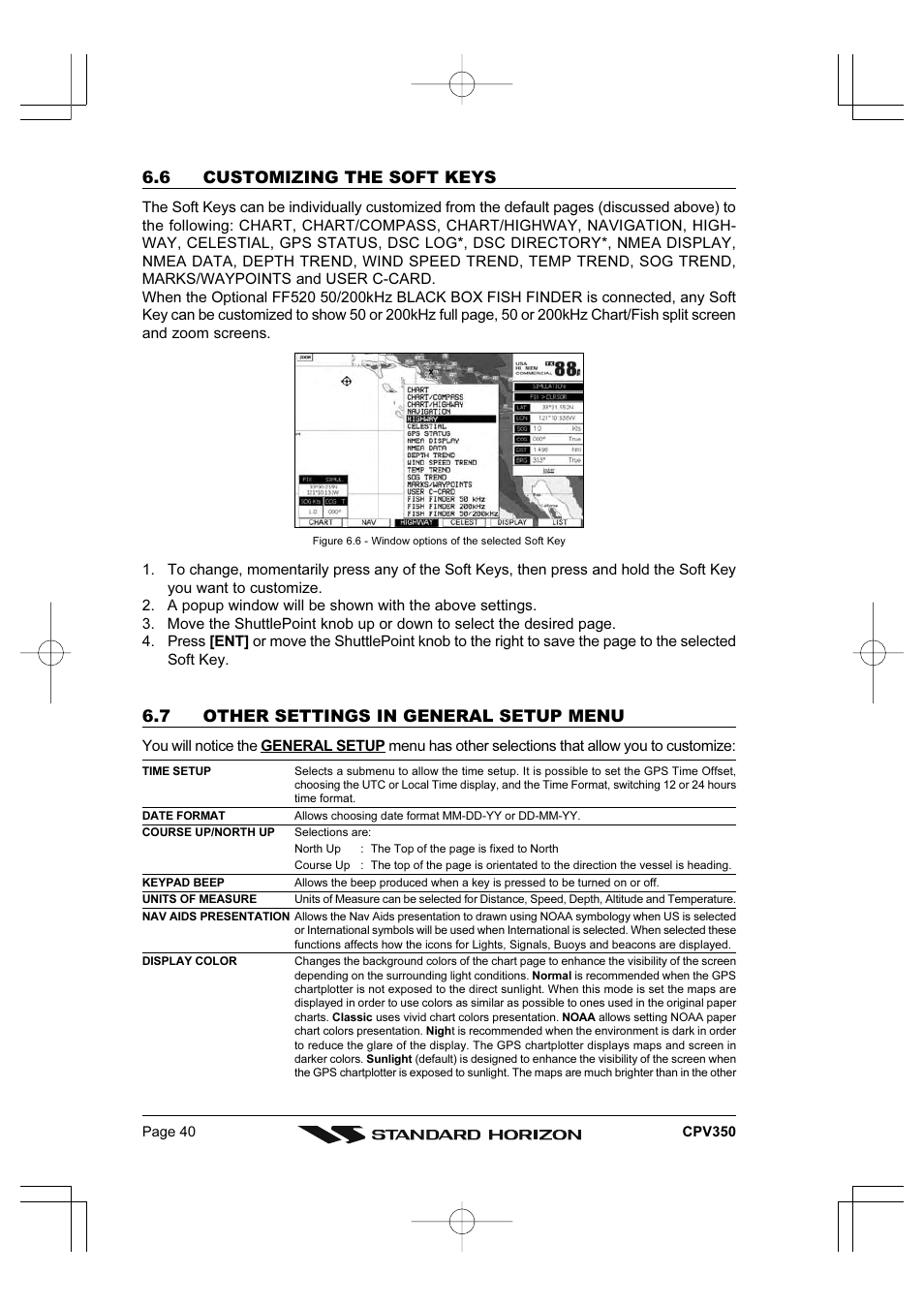 6 customizing the soft keys, 7 other settings in general setup menu | Standard Horizon CPV350 User Manual | Page 40 / 144