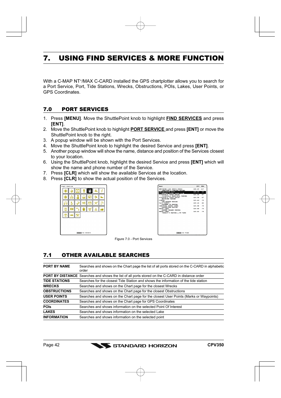Using find services & more function | Standard Horizon CPV350 User Manual | Page 42 / 144