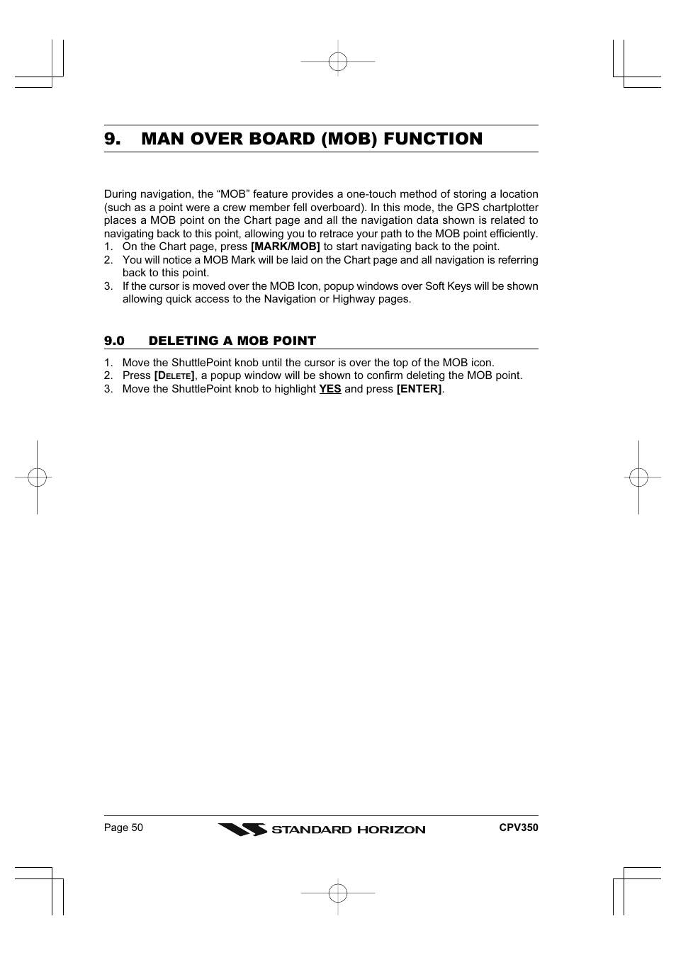 Man over board (mob) function | Standard Horizon CPV350 User Manual | Page 50 / 144