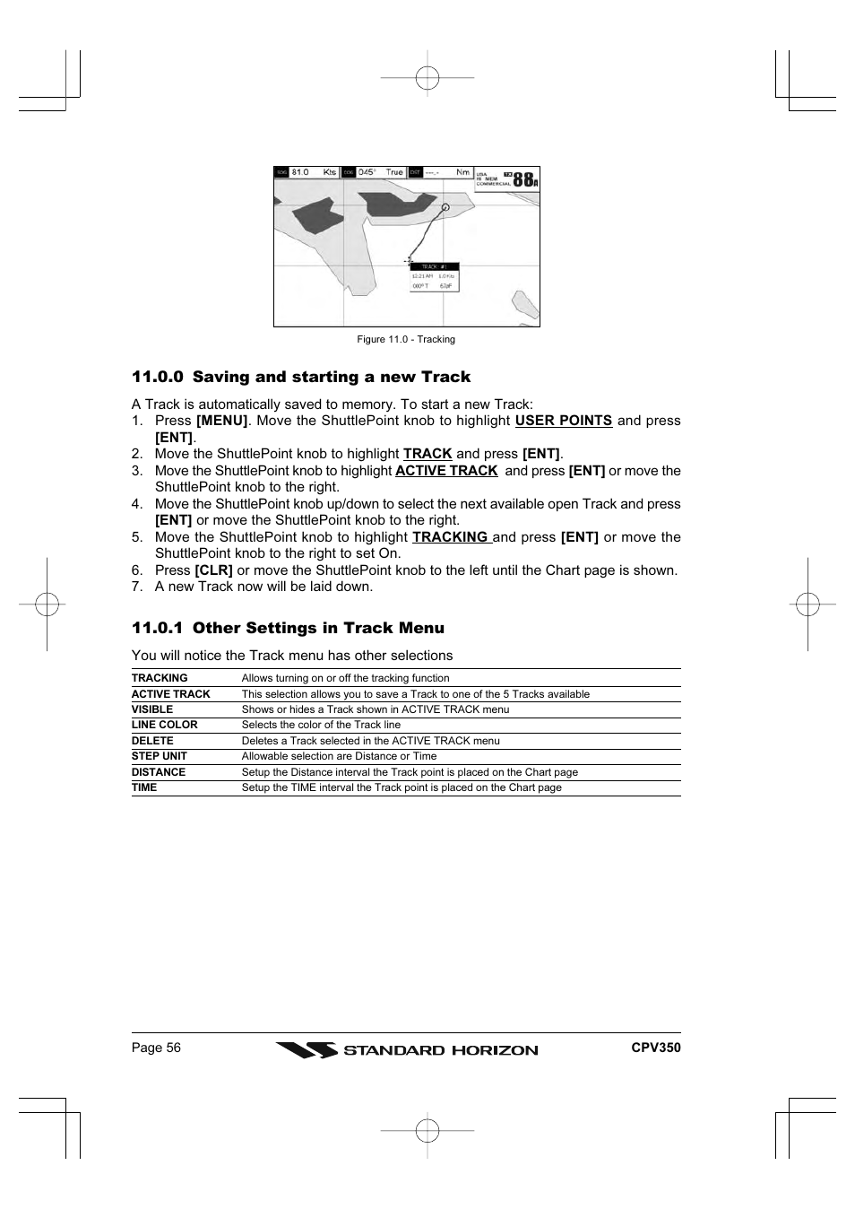 0 saving and starting a new track, 1 other settings in track menu | Standard Horizon CPV350 User Manual | Page 56 / 144