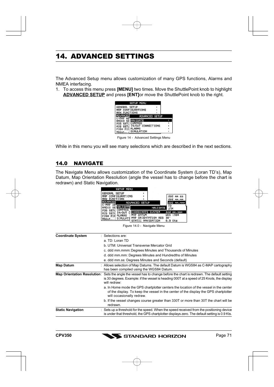 Advanced settings, 0 navigate | Standard Horizon CPV350 User Manual | Page 71 / 144
