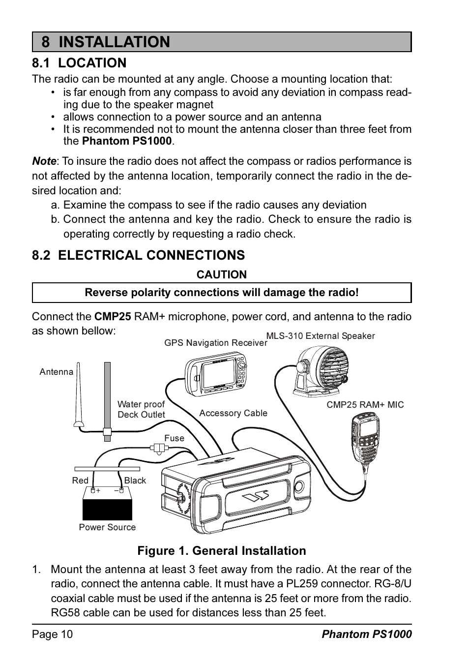 8 installation, 1 location, 2 electrical connections | Standard Horizon PHANTOM PS1000 User Manual | Page 10 / 68
