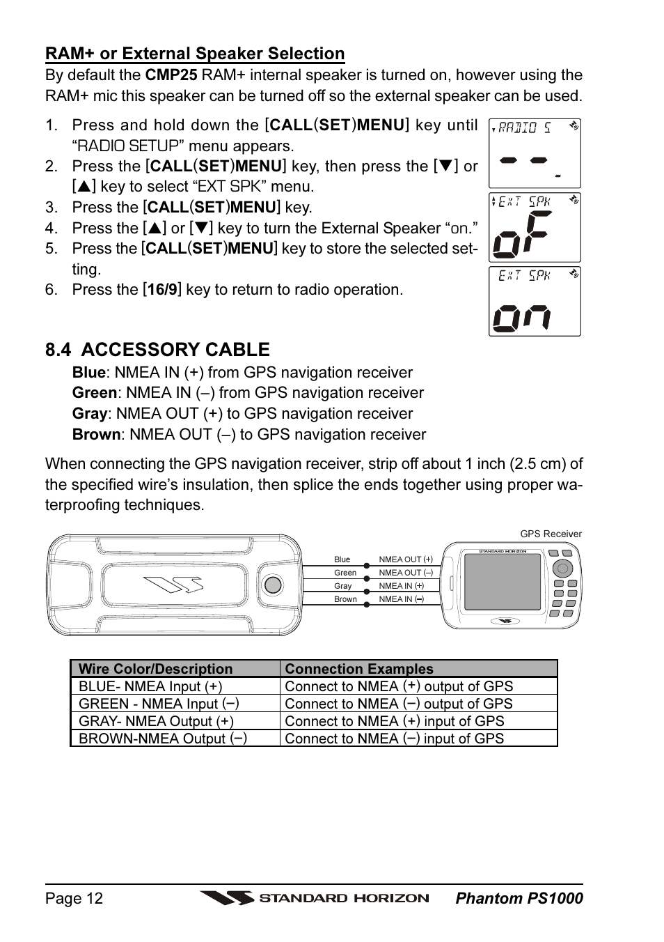 4 accessory cable, Ram+ or external speaker selection, Radio setup | Ext spk | Standard Horizon PHANTOM PS1000 User Manual | Page 12 / 68