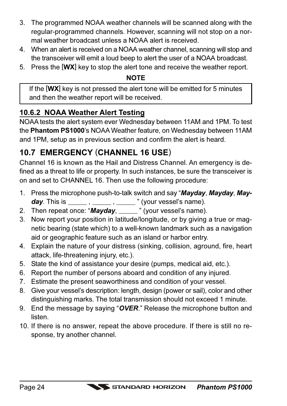 7 emergency (channel 16 use) | Standard Horizon PHANTOM PS1000 User Manual | Page 24 / 68