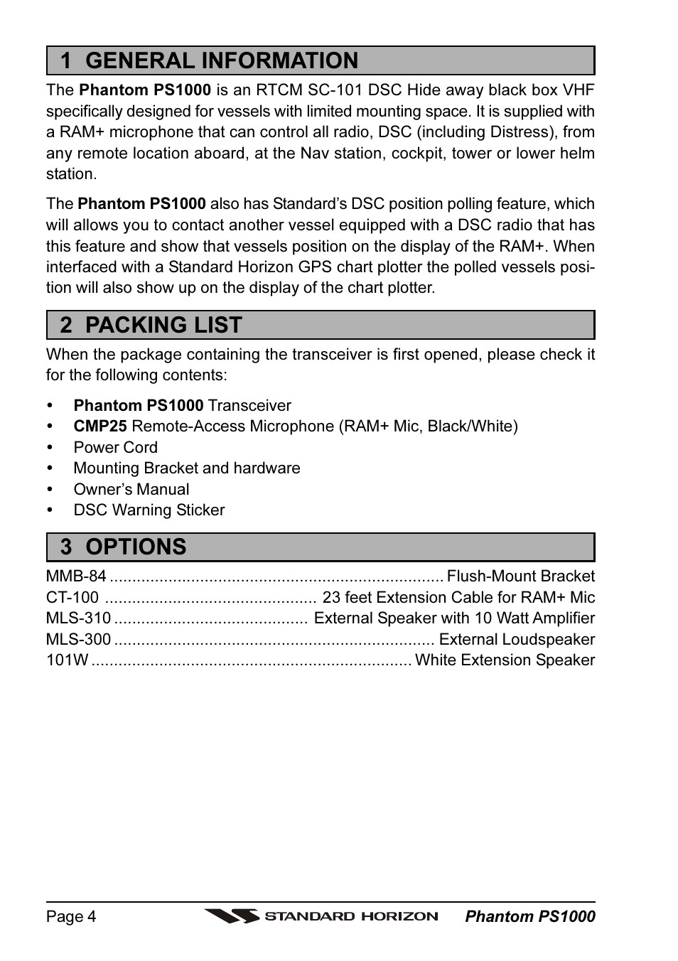 1 general information, 2 packing list, 3 options | Standard Horizon PHANTOM PS1000 User Manual | Page 4 / 68