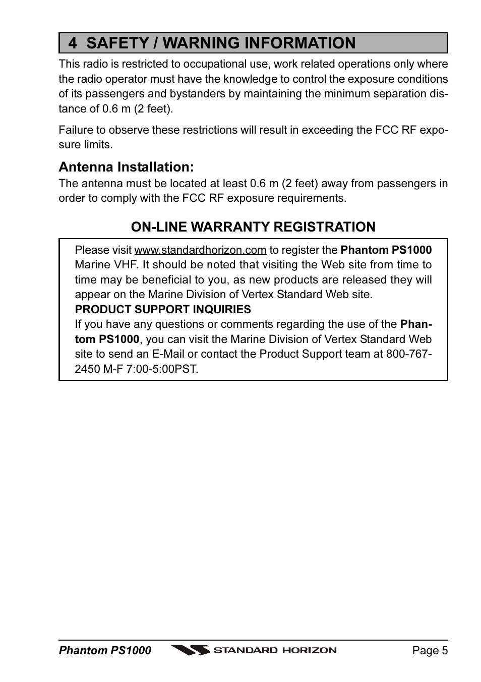 4 safety / warning information | Standard Horizon PHANTOM PS1000 User Manual | Page 5 / 68