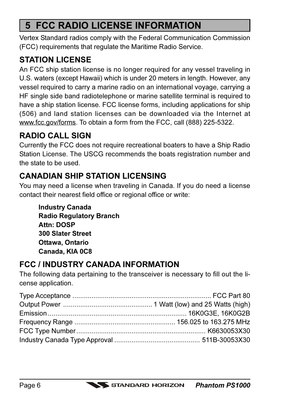 5 fcc radio license information | Standard Horizon PHANTOM PS1000 User Manual | Page 6 / 68