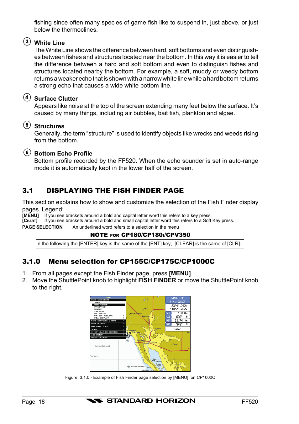 1 displaying the fish finder page | Standard Horizon Ff520 User Manual | Page 16 / 42