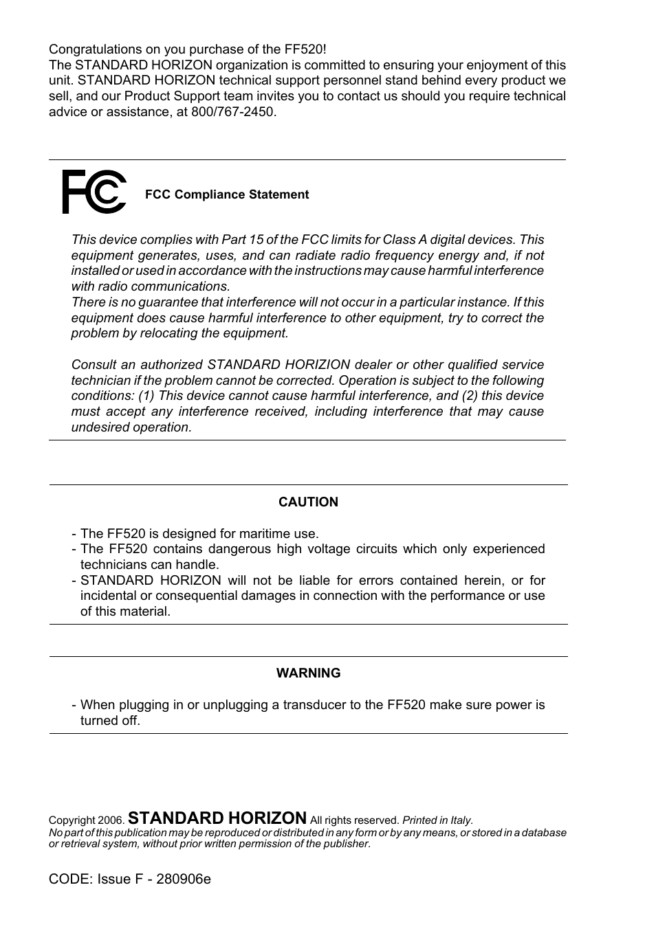 Standard horizon | Standard Horizon Ff520 User Manual | Page 2 / 42