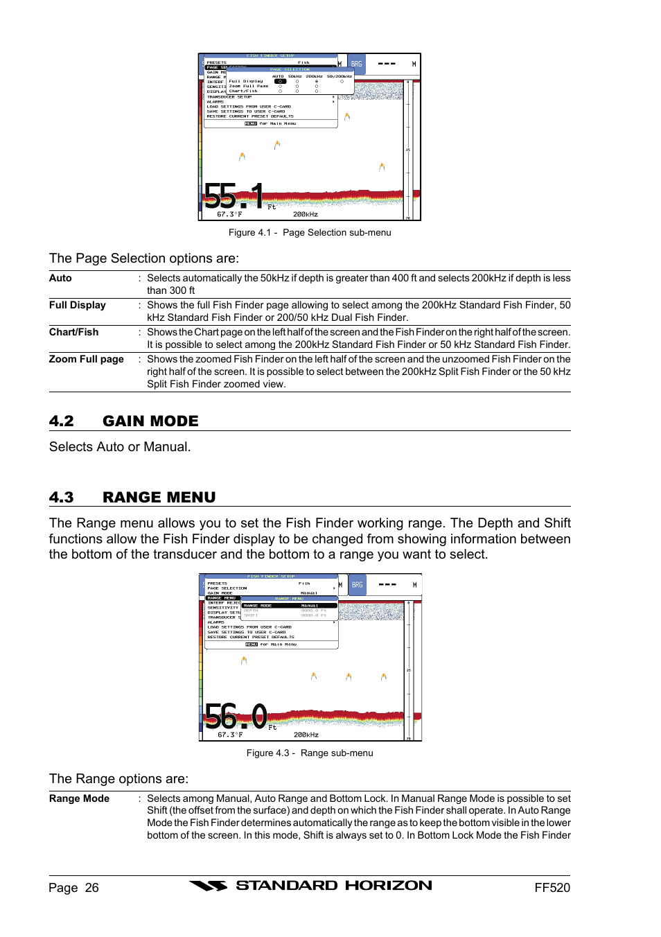 2 gain mode, 3 range menu | Standard Horizon Ff520 User Manual | Page 24 / 42