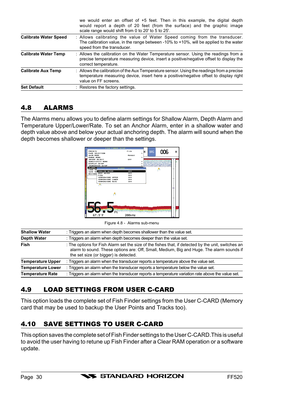 8 alarms, 9 load settings from user c-card, 10 save settings to user c-card | Standard Horizon Ff520 User Manual | Page 28 / 42