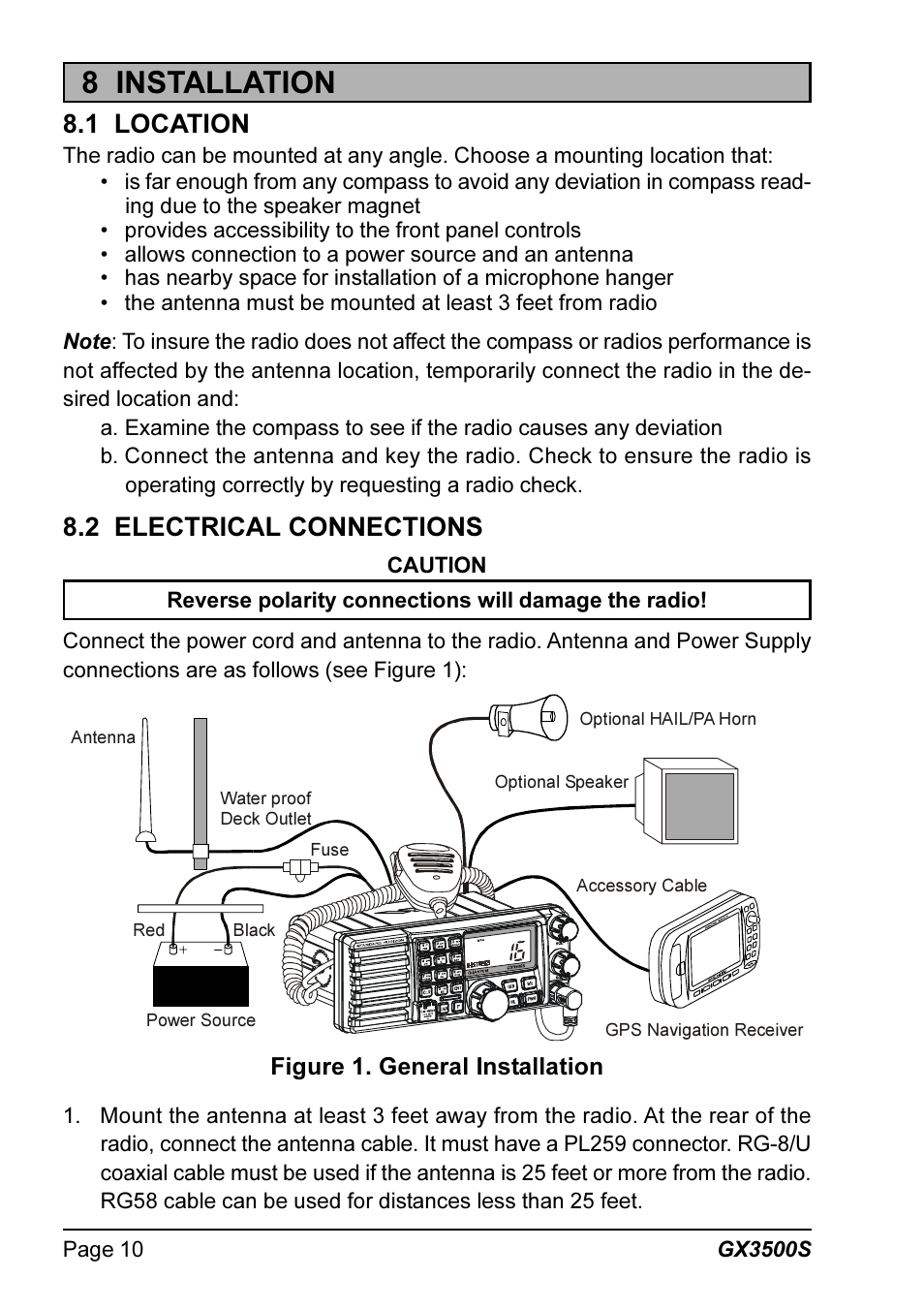 8 installation, 1 location, 2 electrical connections | Standard Horizon QUANTUM Series GX3500S User Manual | Page 10 / 88