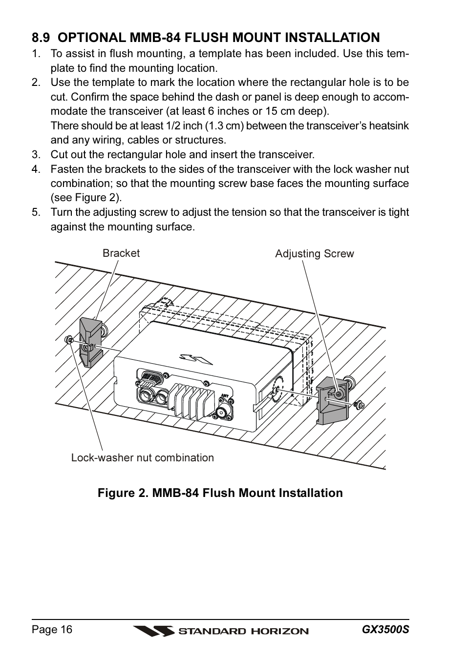 9 optional mmb-84 flush mount installation | Standard Horizon QUANTUM Series GX3500S User Manual | Page 16 / 88