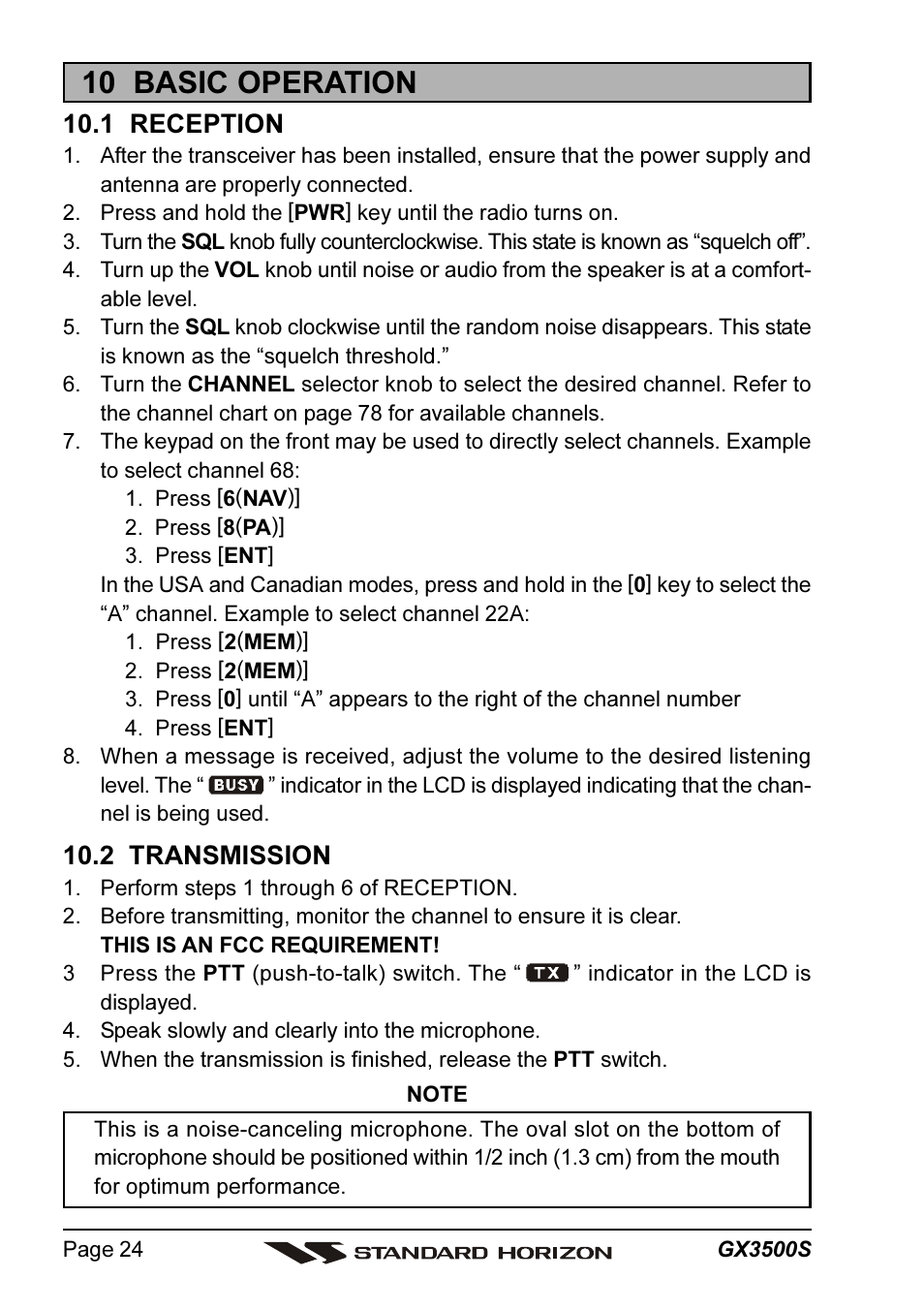 10 basic operation, 1 reception, 2 transmission | Standard Horizon QUANTUM Series GX3500S User Manual | Page 24 / 88