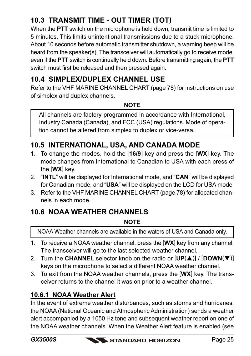 3 transmit time - out timer (tot), 4 simplex/duplex channel use, 5 international, usa, and canada mode | 6 noaa weather channels | Standard Horizon QUANTUM Series GX3500S User Manual | Page 25 / 88