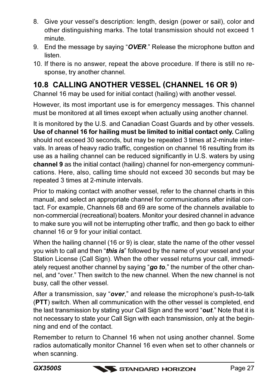 8 calling another vessel (channel 16 or 9) | Standard Horizon QUANTUM Series GX3500S User Manual | Page 27 / 88