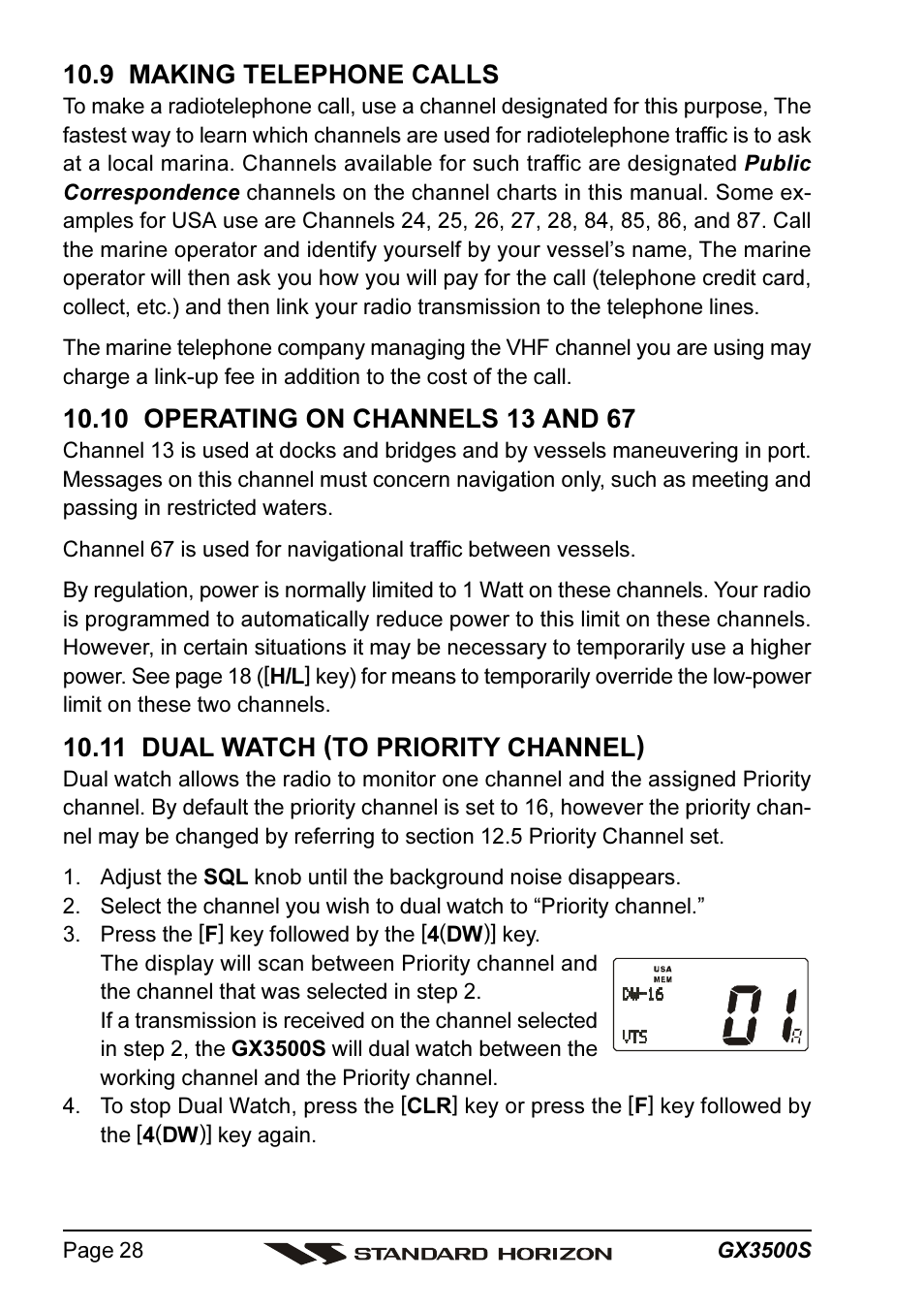 9 making telephone calls, 11 dual watch (to priority channel) | Standard Horizon QUANTUM Series GX3500S User Manual | Page 28 / 88