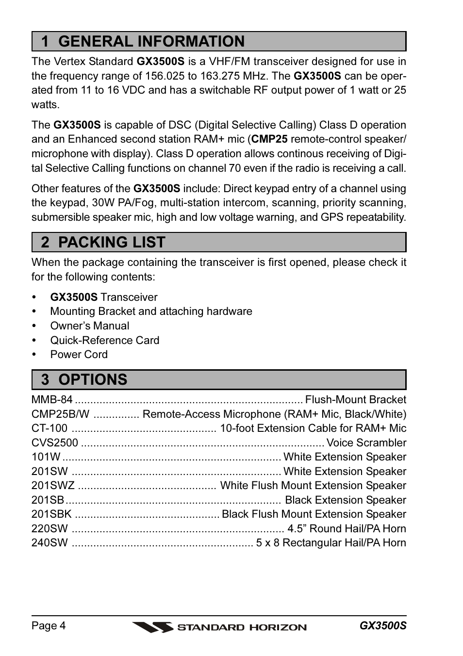 1 general information, 2 packing list, 3 options | Standard Horizon QUANTUM Series GX3500S User Manual | Page 4 / 88