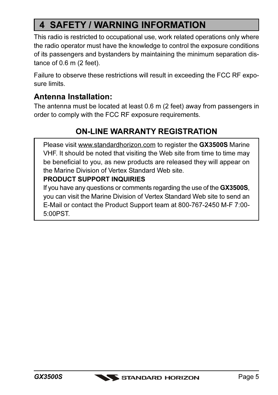 4 safety / warning information | Standard Horizon QUANTUM Series GX3500S User Manual | Page 5 / 88
