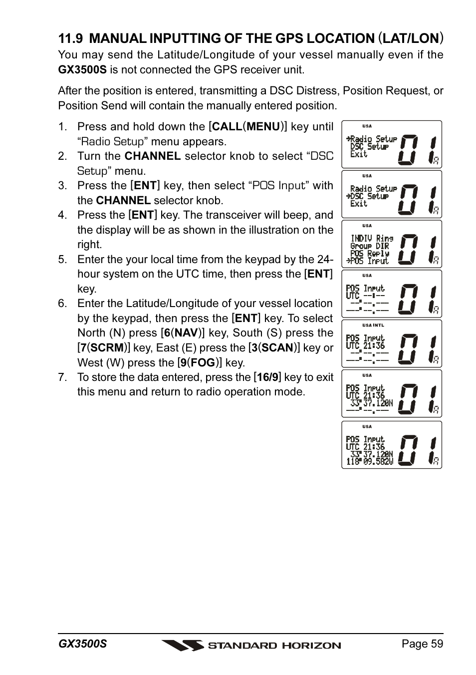 9 manual inputting of the gps location (lat/lon) | Standard Horizon QUANTUM Series GX3500S User Manual | Page 59 / 88