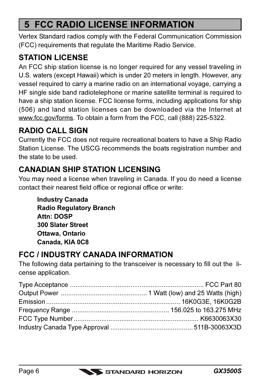 5 fcc radio license information | Standard Horizon QUANTUM Series GX3500S User Manual | Page 6 / 88