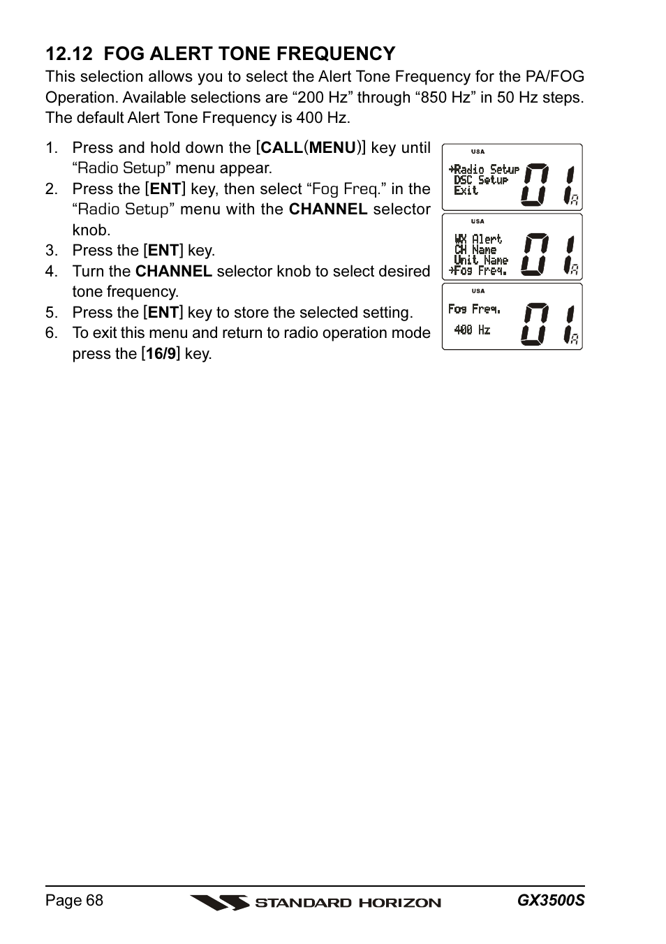 12 fog alert tone frequency | Standard Horizon QUANTUM Series GX3500S User Manual | Page 68 / 88