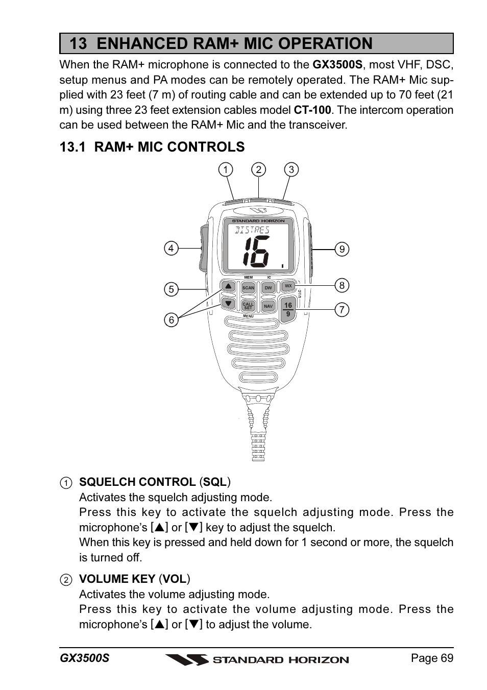 13 enhanced ram+ mic operation, 1 ram+ mic controls | Standard Horizon QUANTUM Series GX3500S User Manual | Page 69 / 88