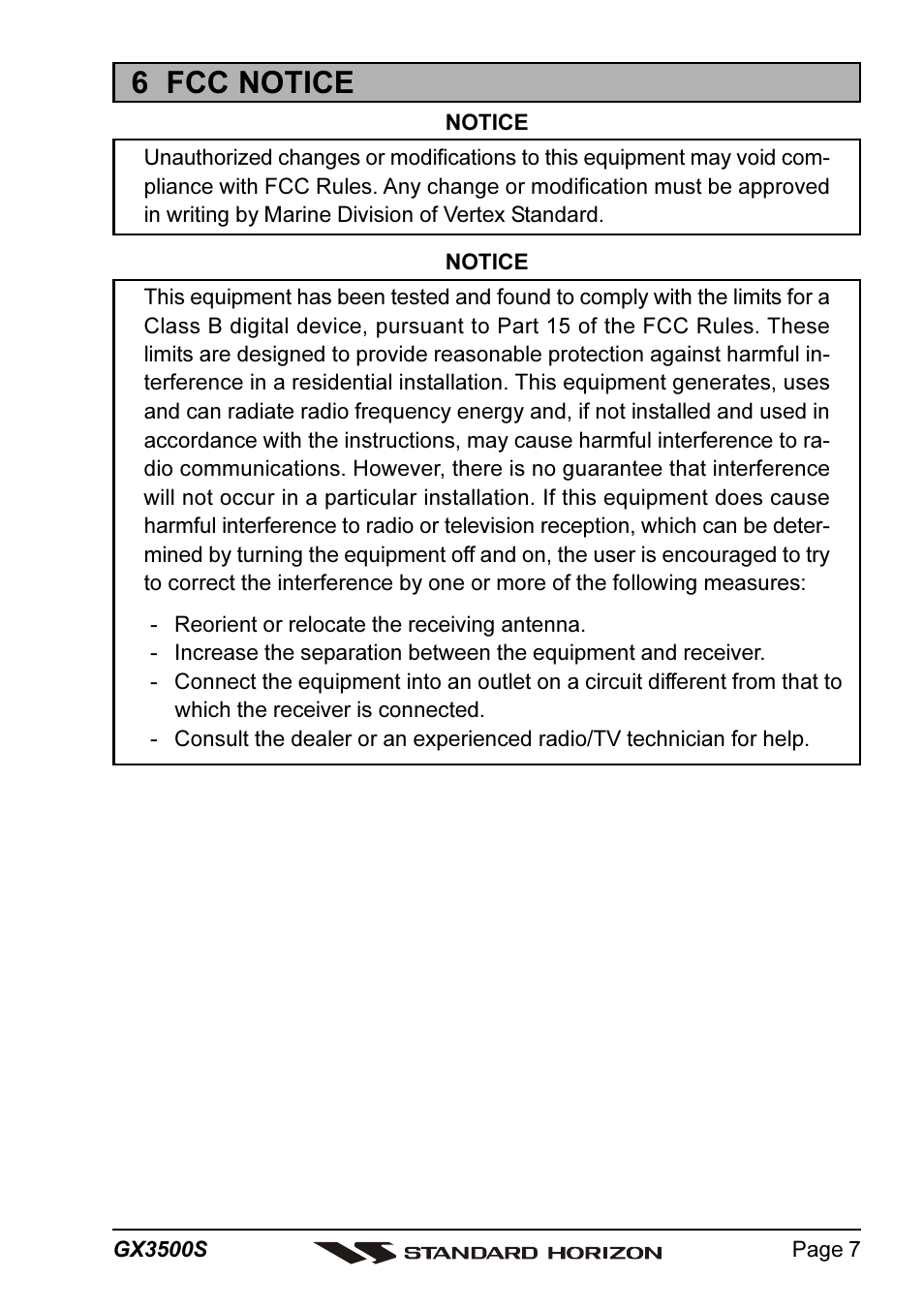 6 fcc notice | Standard Horizon QUANTUM Series GX3500S User Manual | Page 7 / 88