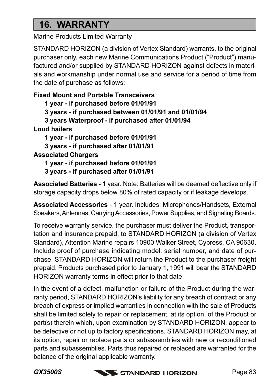 Warranty | Standard Horizon QUANTUM Series GX3500S User Manual | Page 83 / 88