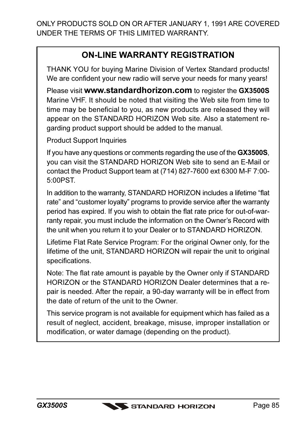 On-line warranty registration | Standard Horizon QUANTUM Series GX3500S User Manual | Page 85 / 88