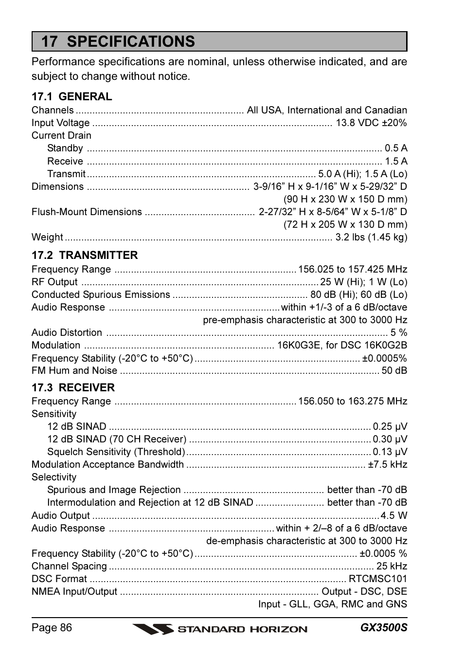17 specifications | Standard Horizon QUANTUM Series GX3500S User Manual | Page 86 / 88
