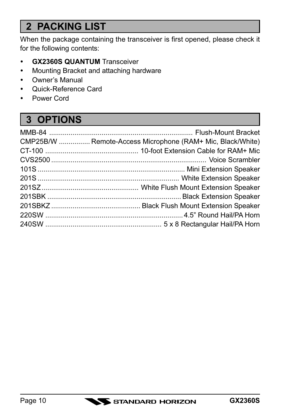 2 packing list, 3 options | Standard Horizon QUANTUM GX2360S User Manual | Page 10 / 76