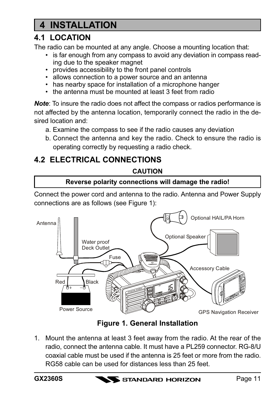 4 installation, 1 location, 2 electrical connections | Standard Horizon QUANTUM GX2360S User Manual | Page 11 / 76