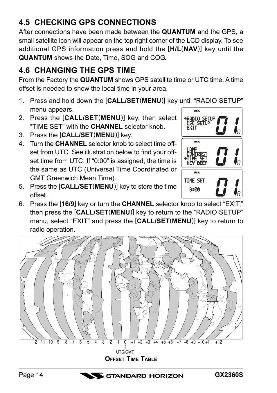 5 checking gps connections, 6 changing the gps time | Standard Horizon QUANTUM GX2360S User Manual | Page 14 / 76