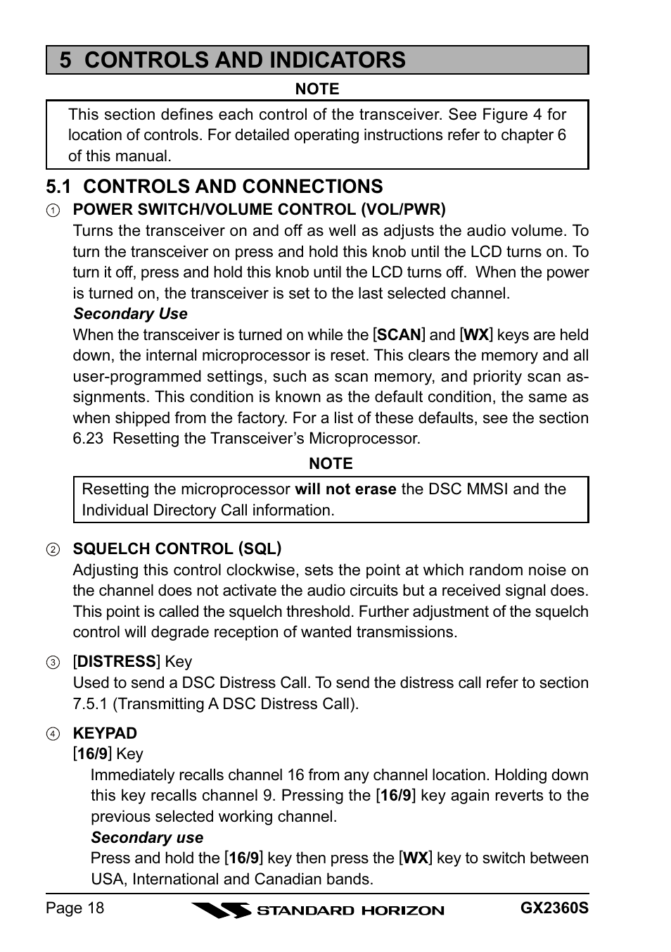 5 controls and indicators, 1 controls and connections | Standard Horizon QUANTUM GX2360S User Manual | Page 18 / 76