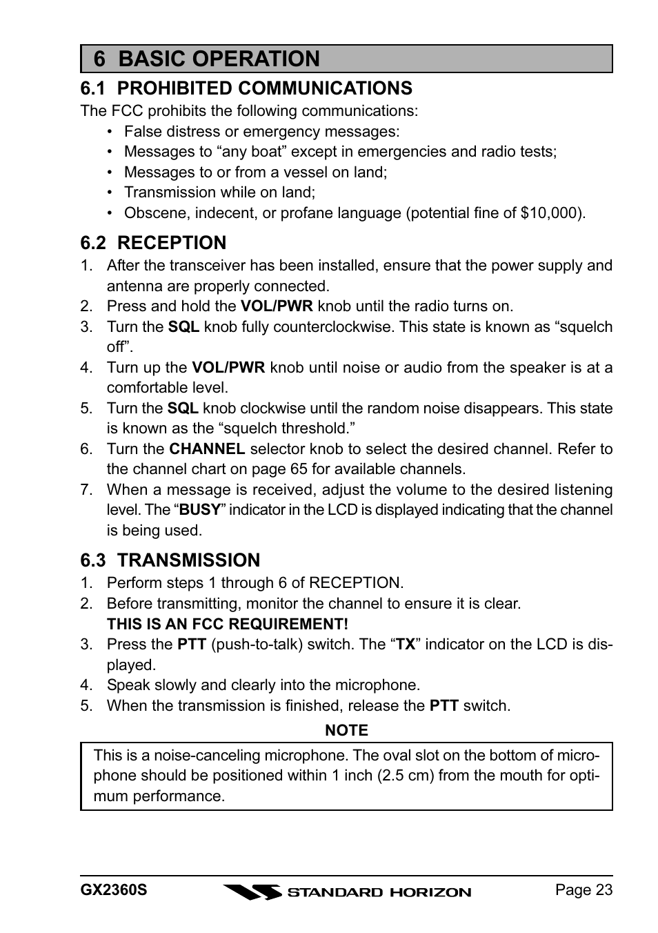 6 basic operation, 1 prohibited communications, 2 reception | 3 transmission | Standard Horizon QUANTUM GX2360S User Manual | Page 23 / 76