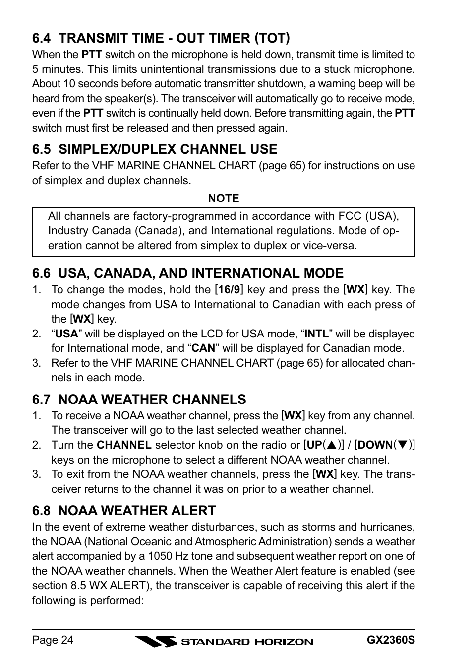 4 transmit time - out timer (tot), 5 simplex/duplex channel use, 6 usa, canada, and international mode | 7 noaa weather channels, 8 noaa weather alert | Standard Horizon QUANTUM GX2360S User Manual | Page 24 / 76