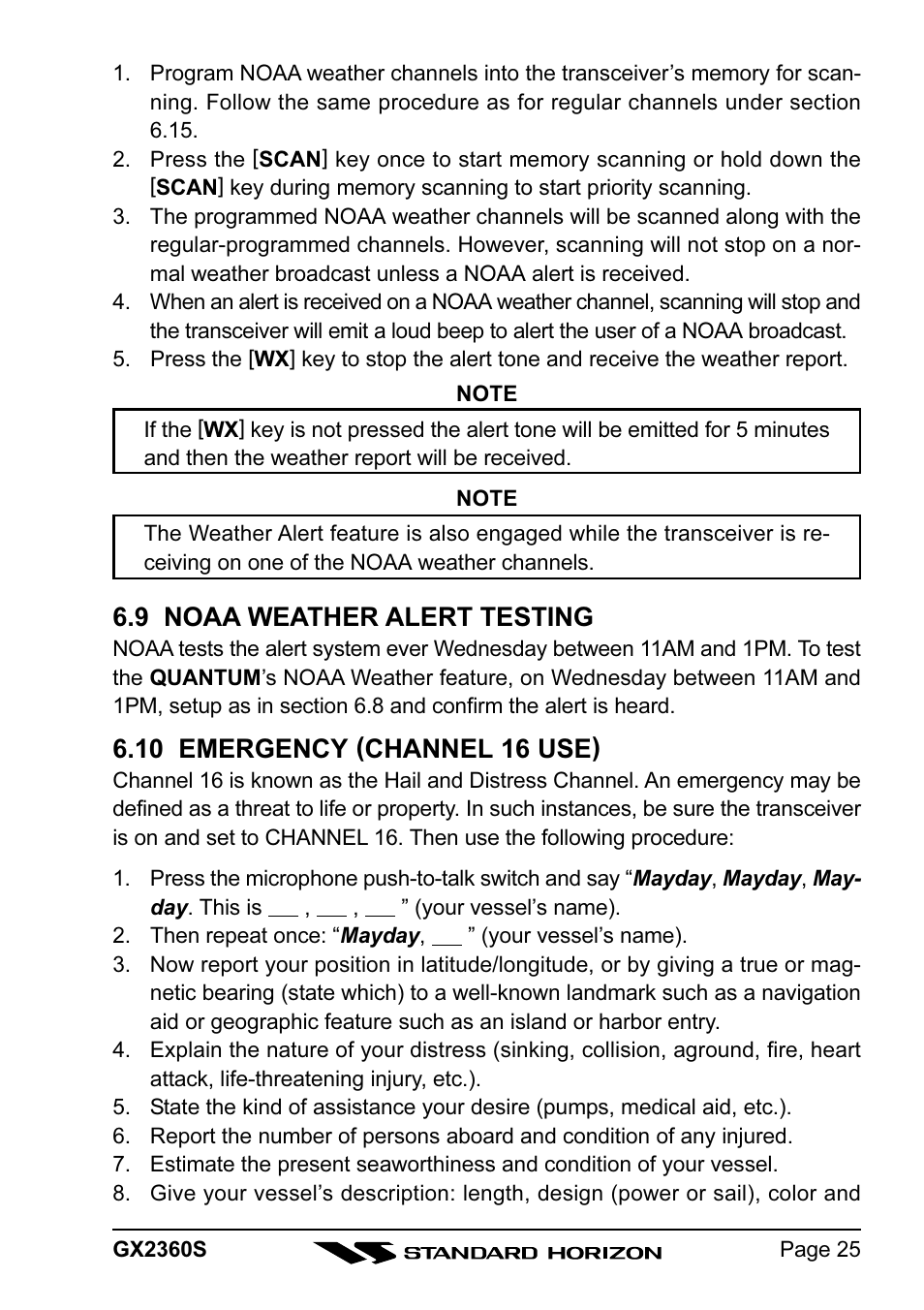 9 noaa weather alert testing, 10 emergency (channel 16 use) | Standard Horizon QUANTUM GX2360S User Manual | Page 25 / 76