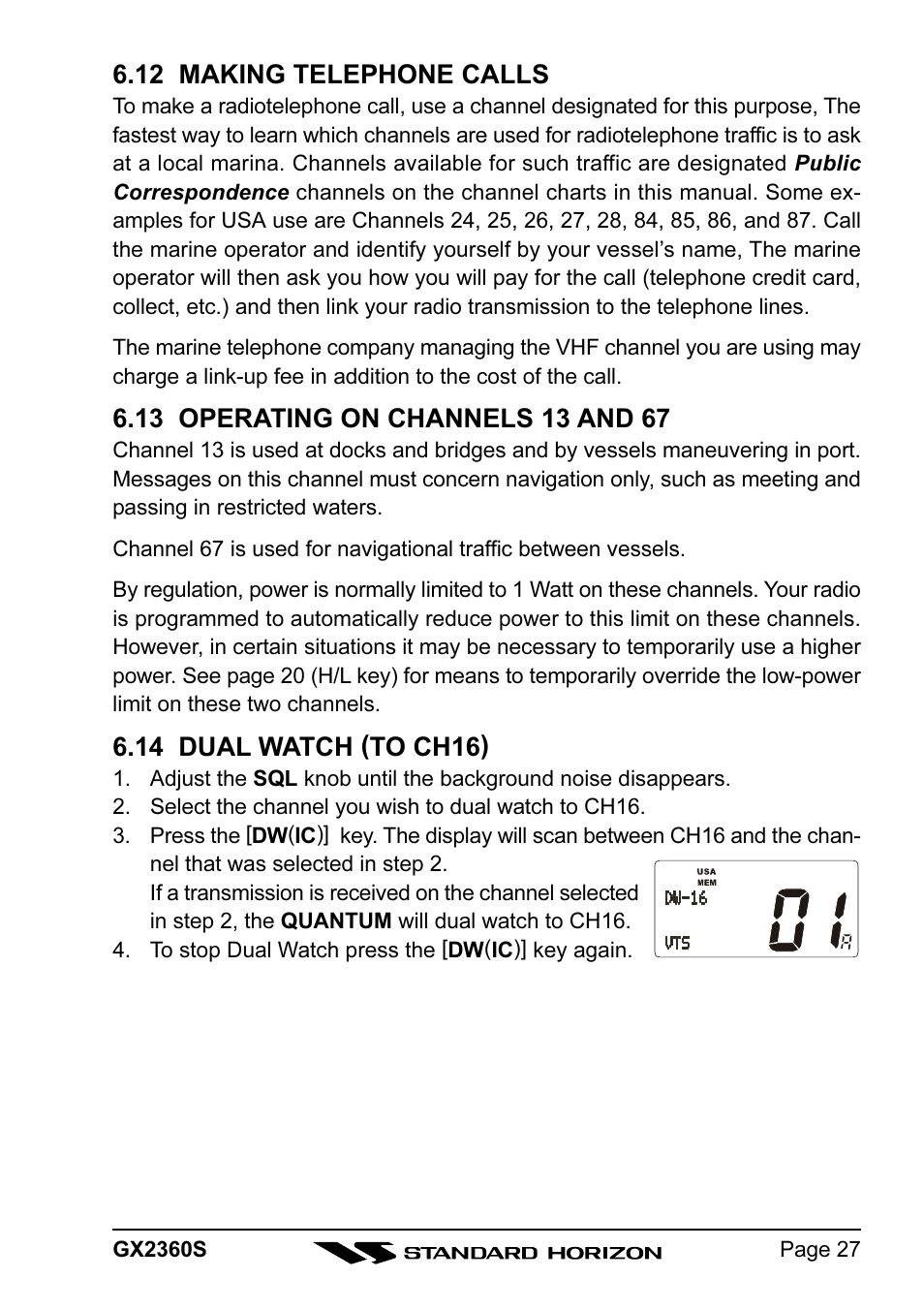 12 making telephone calls, 14 dual watch (to ch16) | Standard Horizon QUANTUM GX2360S User Manual | Page 27 / 76