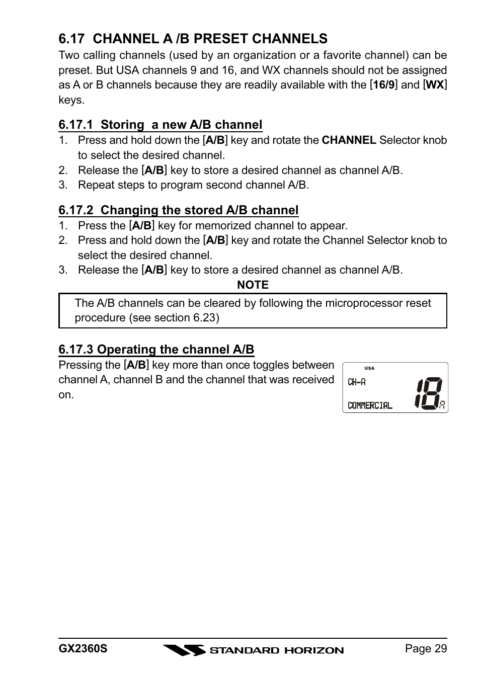 17 channel a /b preset channels | Standard Horizon QUANTUM GX2360S User Manual | Page 29 / 76