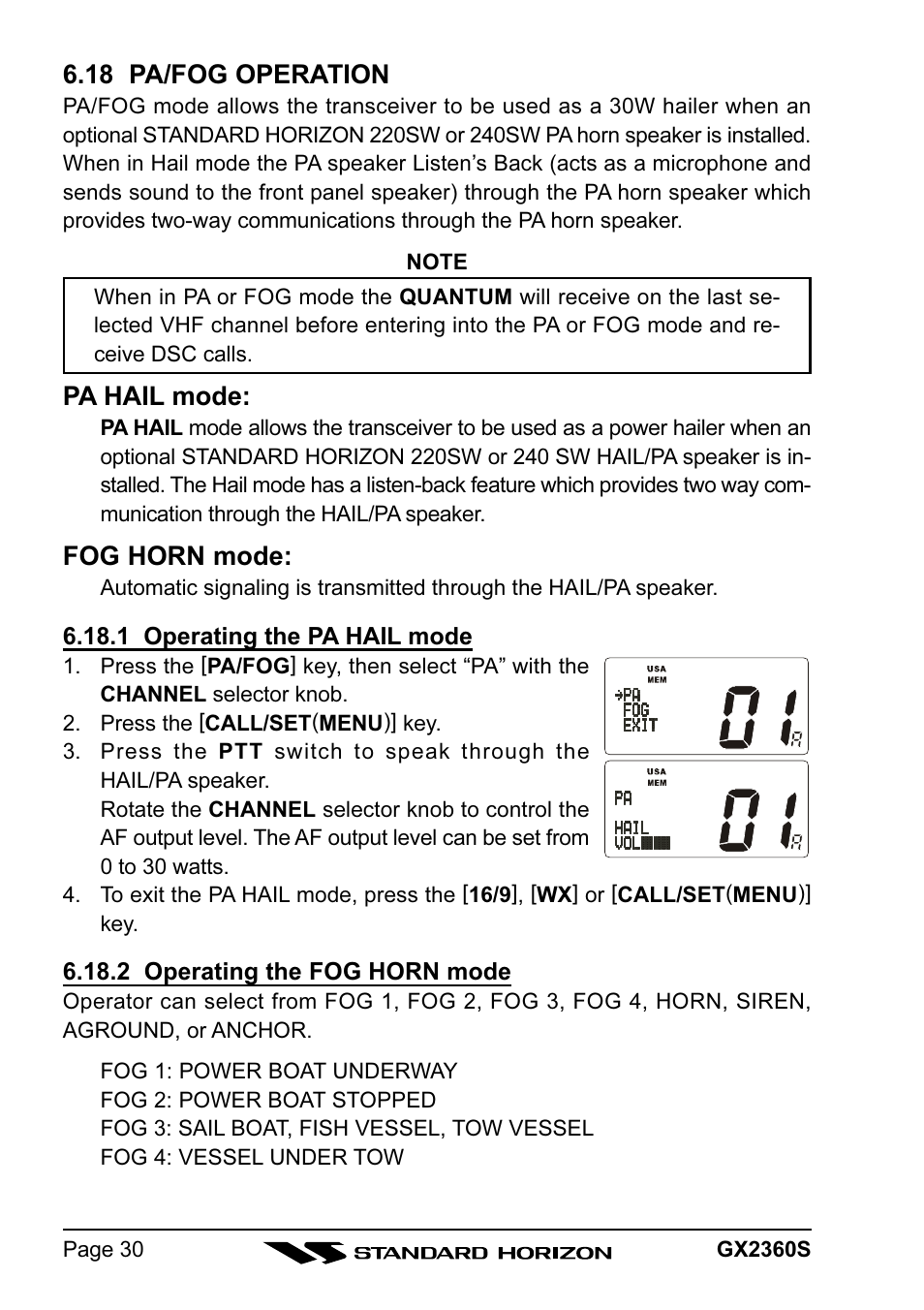 18 pa/fog operation, Pa hail mode, Fog horn mode | Standard Horizon QUANTUM GX2360S User Manual | Page 30 / 76