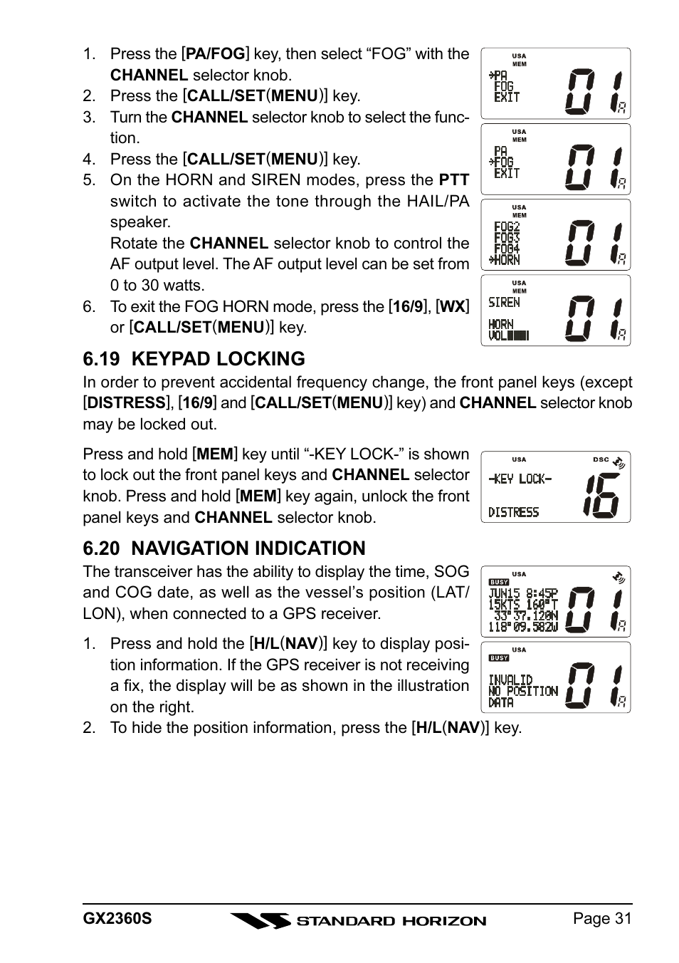 19 keypad locking, 20 navigation indication | Standard Horizon QUANTUM GX2360S User Manual | Page 31 / 76